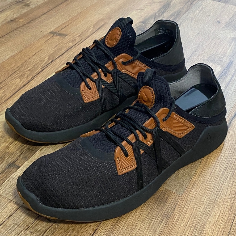 Olukai Mio Li Mens Size 10.5 Black Woodbury Mesh Leather Sneakers 10440-LRLR